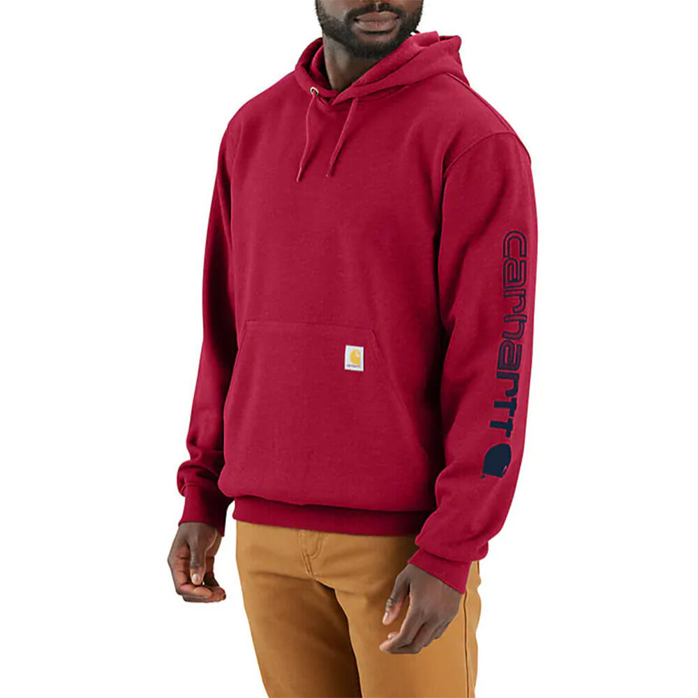 image of Men's Loose Fit Midweight Logo Sleeve Graphic Hoodie- Industry Red