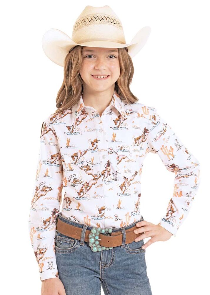 image of Girls' Desert Rodeo Long Sleeve Snap Shirt, Cream