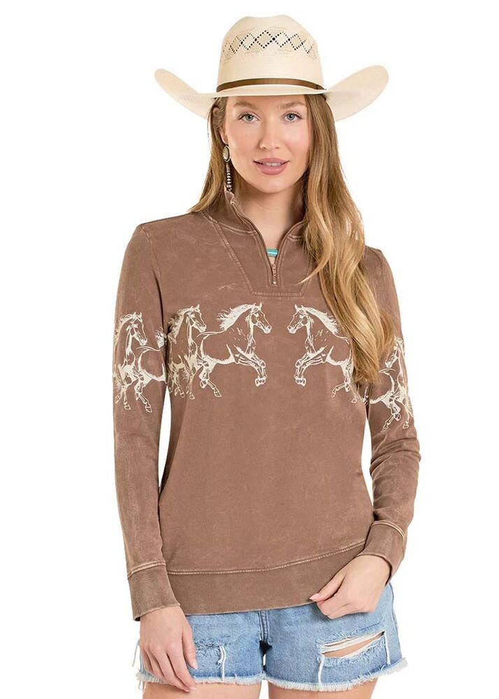 image of Women's Horse Print Quarter Zip Pullover, Brown
