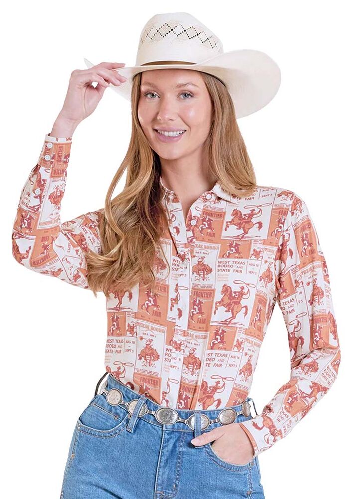 image of Women's Poster Print Long Sleeve Blouse, Orange