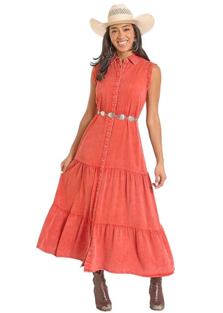 image of Women's Sleeveless Tiered Maxi Dress, Rust