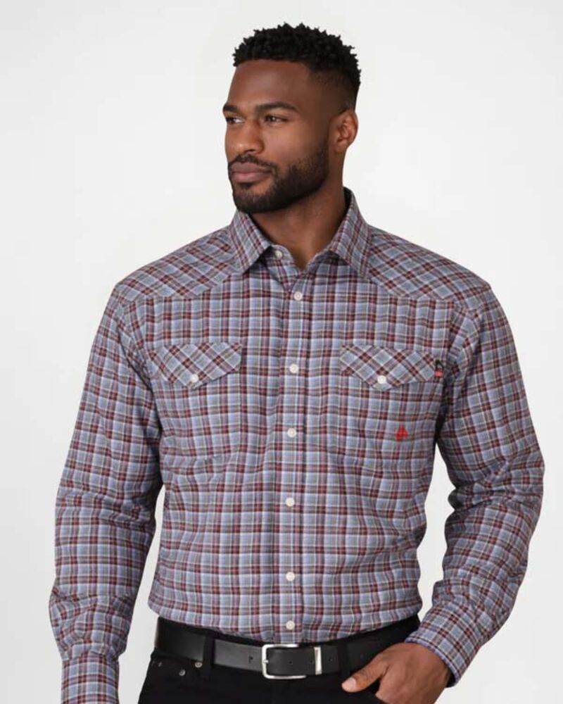 image of Men's Double Pocket Plaid Long Sleeve Snap Button Shirt, Red