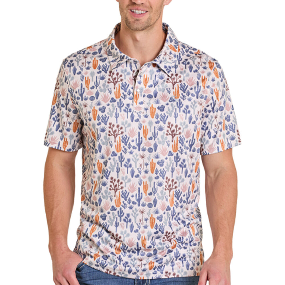 image of Men's Distressed Cactus Print Polo Shirt