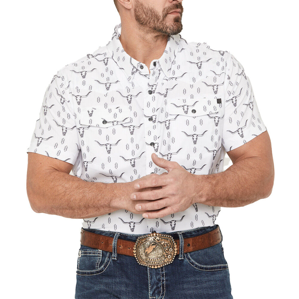 image of Men's Tek Steer Skull Short Sleeve Stretch Snap Shirt