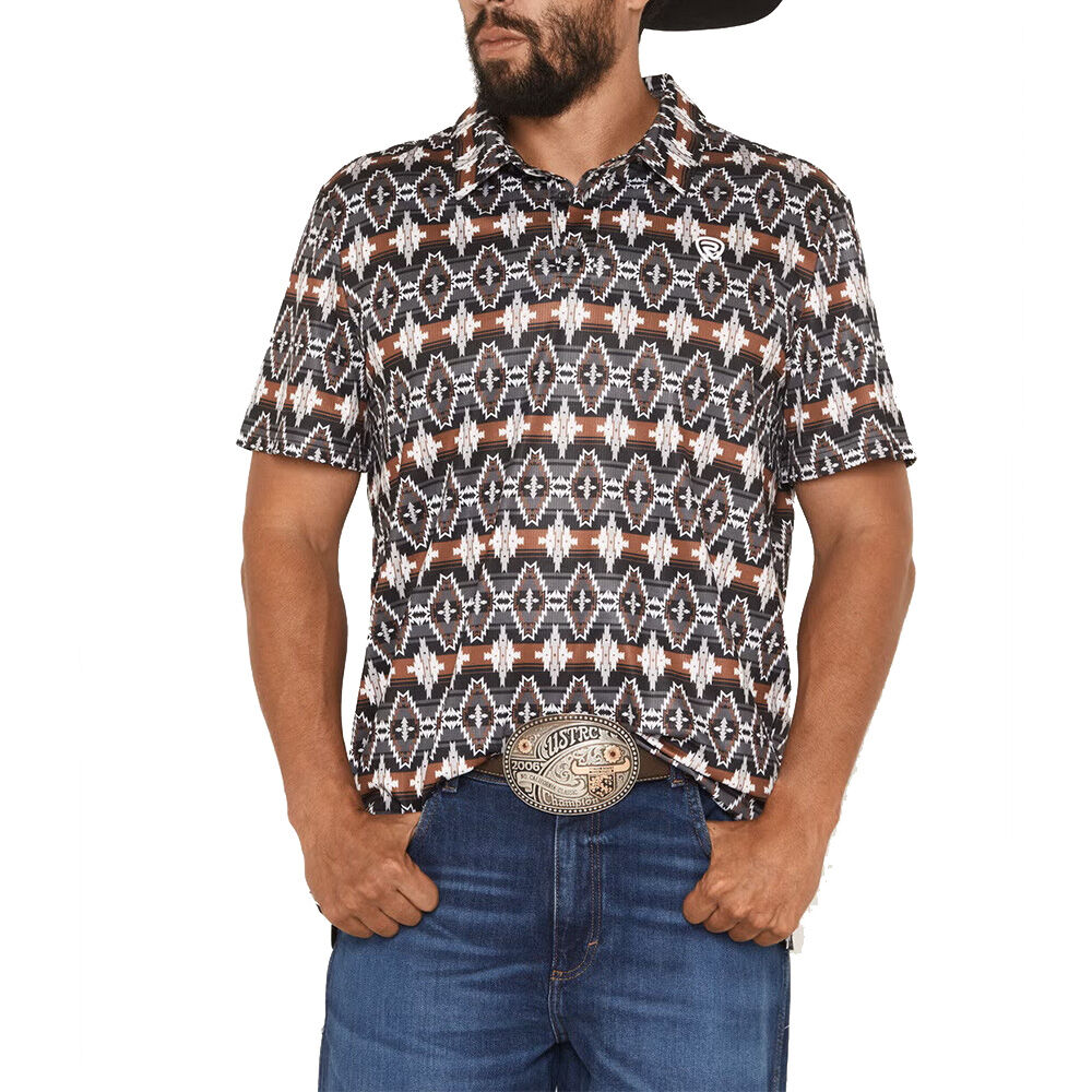 image of Men's Black Southwestern Print Short Sleeve Polo Shirt