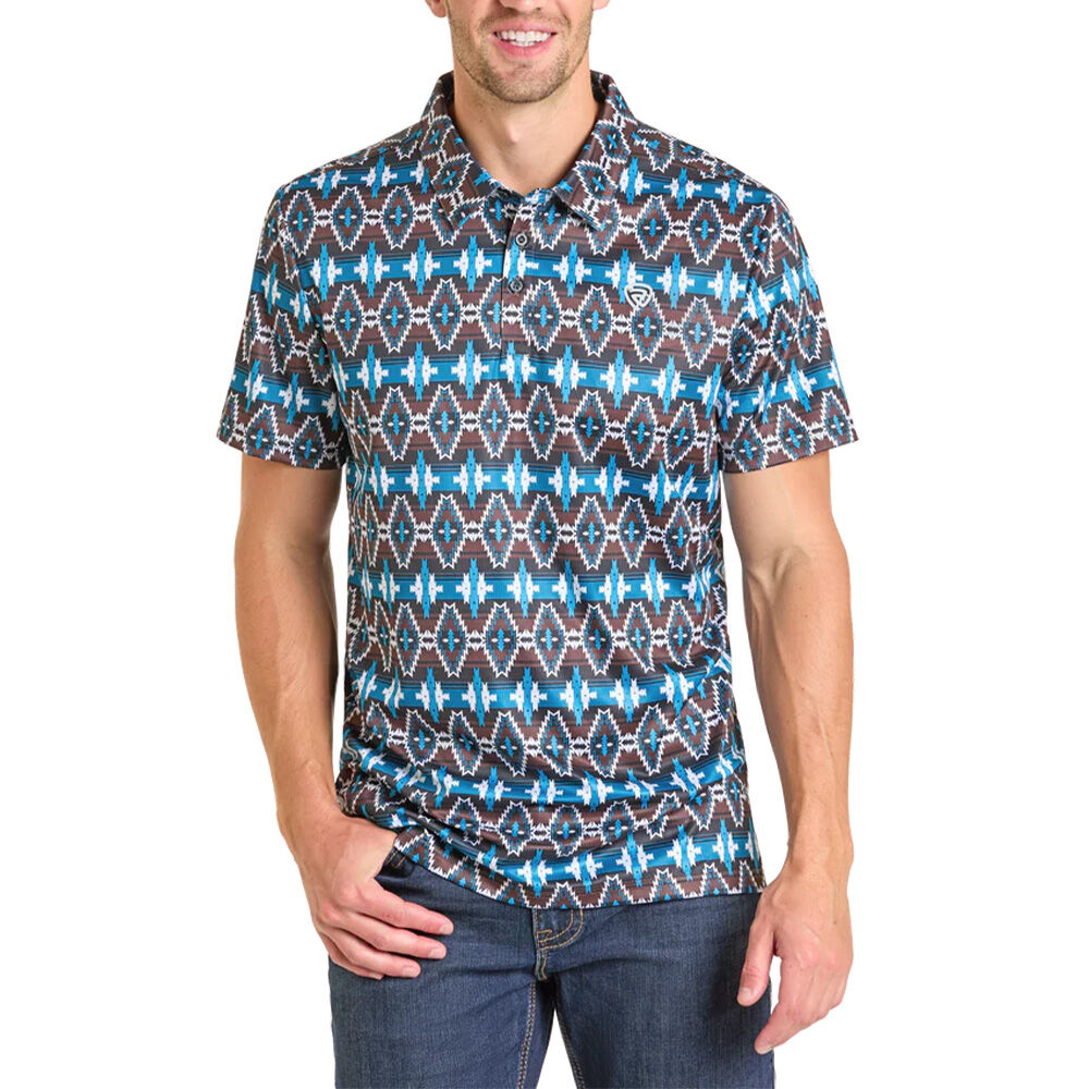 image of Men's Black Aztec Print Short Sleeve Polo Shirt