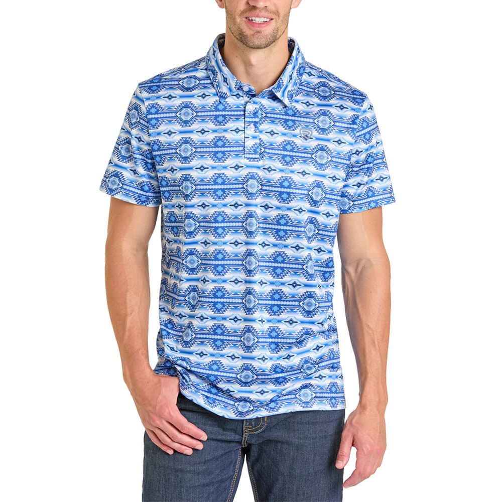 image of Men's Blue Aztec Print Short Sleeve Polo Shirt