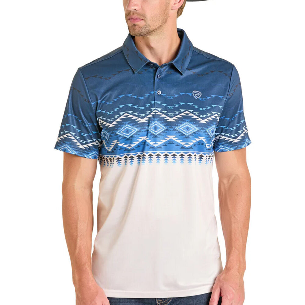 image of Men's Navy Aztec Print Short Sleeve Polo Shirt