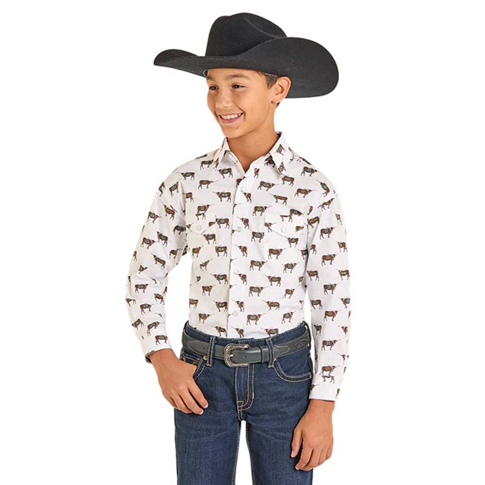 image of Boy's Snap Button Long Sleeve Shirt, White