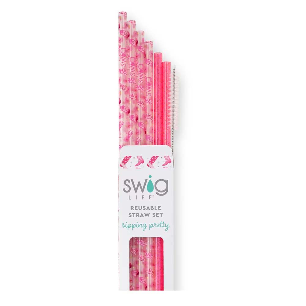 image of Let's Go Girls + Pink Glitter Reusable Straw Set