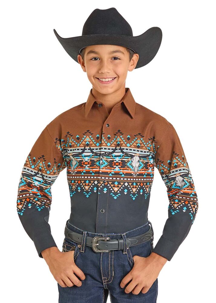 image of Boy's Aztec Border Snap Button Long Sleeve Shirt, Brown