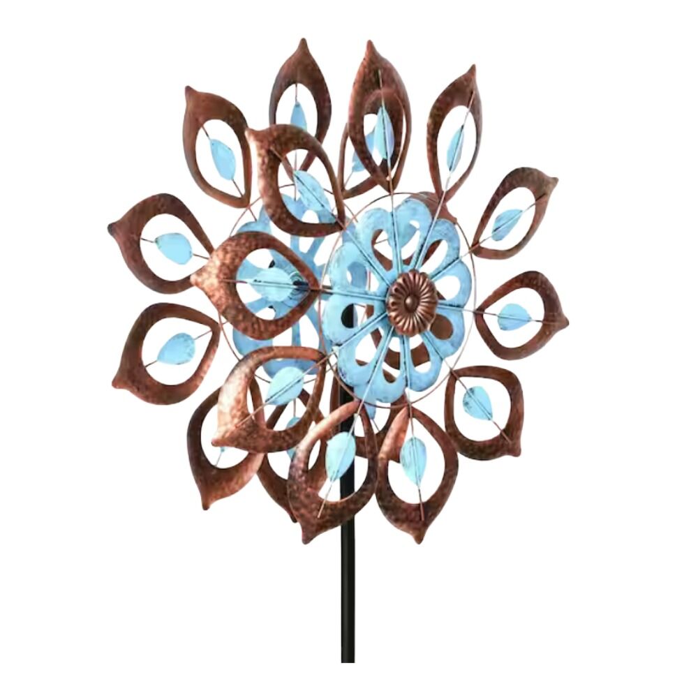 image of Antique Kinetic Flower Wind Spinner Stake, Blue and Copper