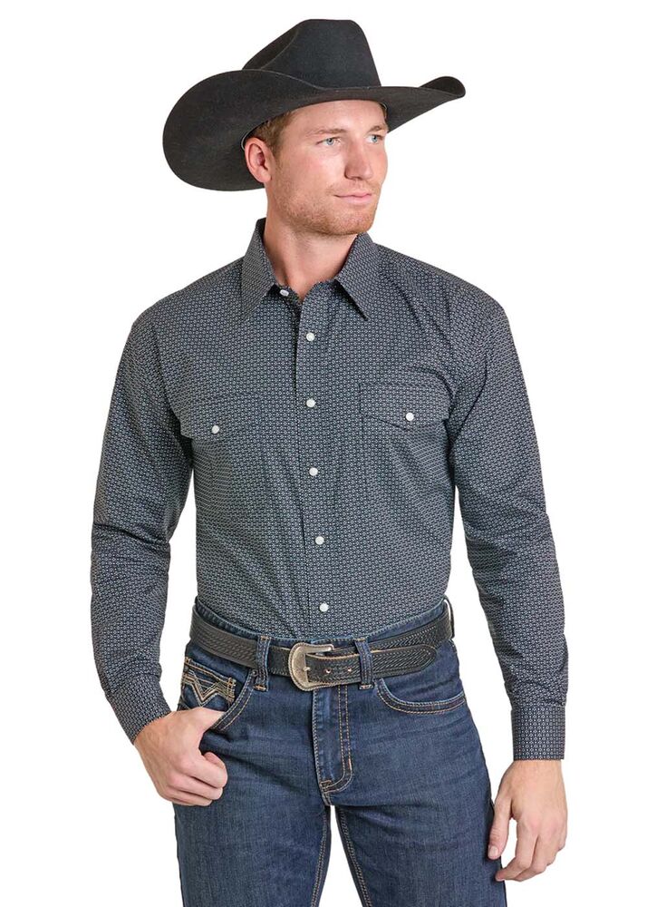 image of Men's Snap Button Long Sleeve Shirt, Black