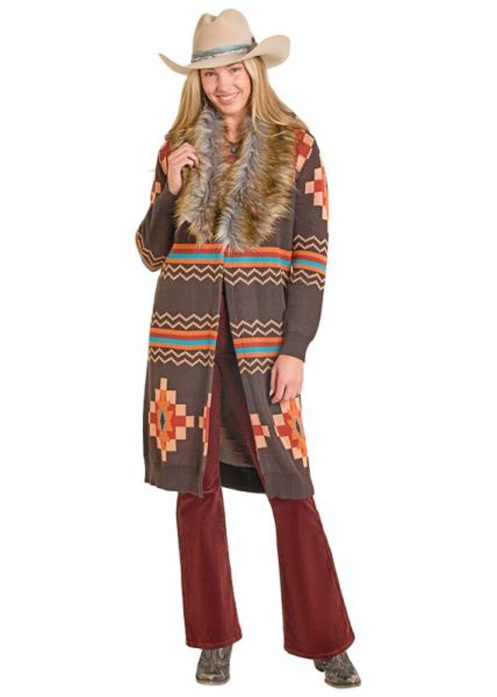 image of Women's Aztec Sweater Cardigan with Fur, Dark Brown