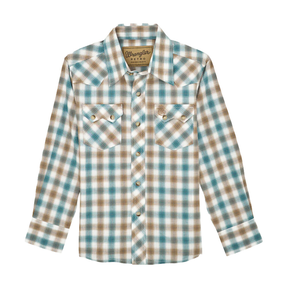 image of Boy's Retro Plaid Western Long Sleeve Shirt