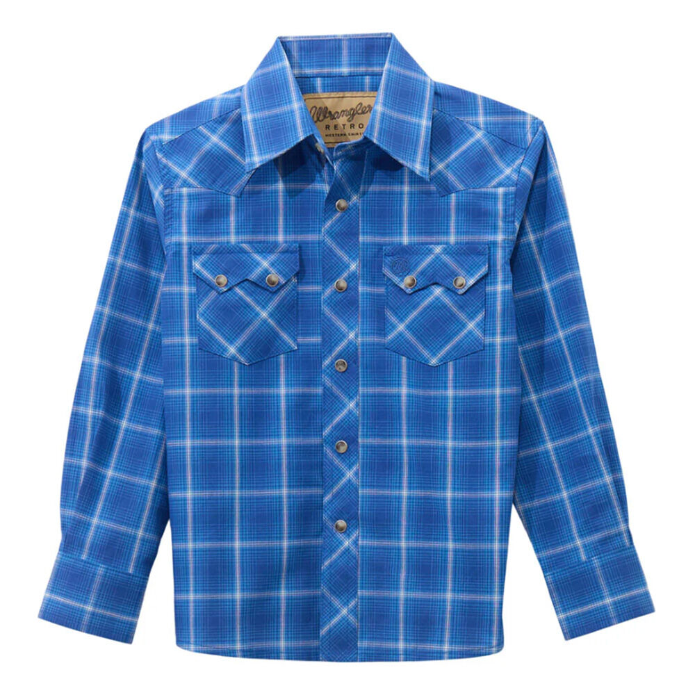image of Boy's Retro Plaid Long Sleeve Snap Shirt