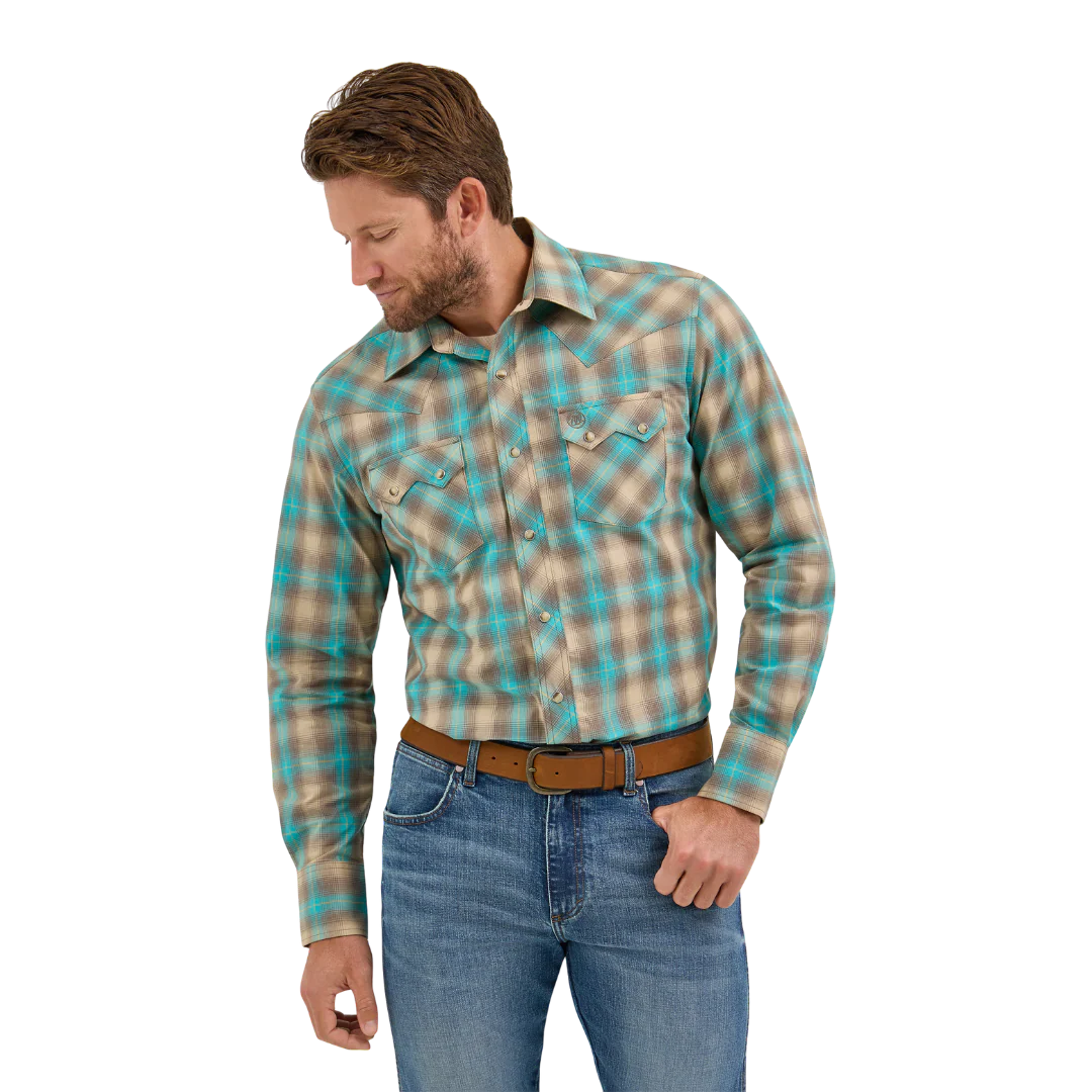 image of Men's Retro Snap Button Long Sleeve Shirt, Tan and Aqua