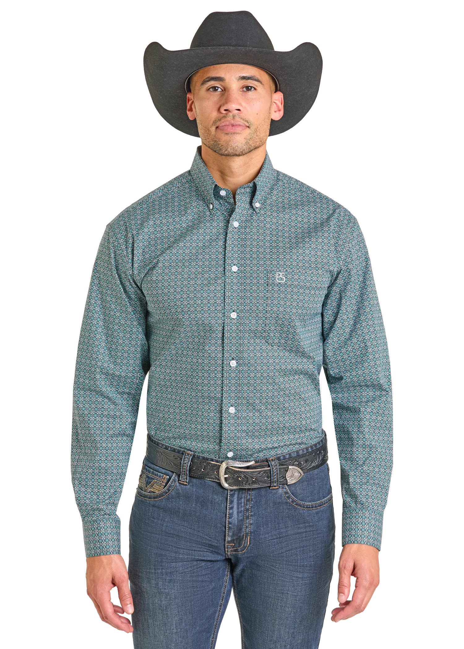 image of Men's Geo Print Button Down Long Sleeve Shirt, Turquoise